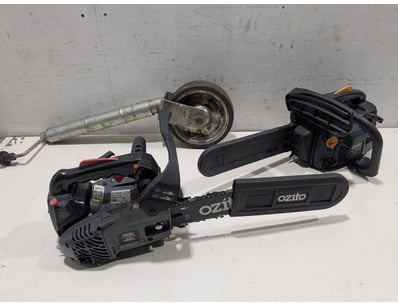 Lot includes 2 Ozito petrol chainsaws in varying c...