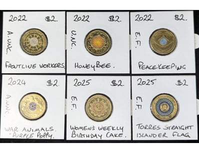 SIX COLOURED AUSTRALIAN TWO DOLLAR COINS

Includ...