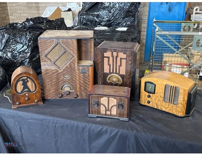 COLLECTION OF FIVE VINTAGE WOODEN RADIO RECEIVERS,...