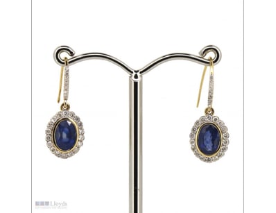 14K YELLOW GOLD, BLUE SAPPHIRE AND DIAMOND, HALO E...