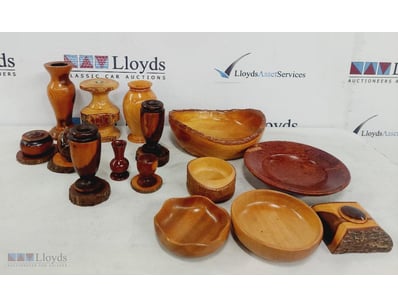 ASSORTED WOODEN DECORATIVE OBJECTS INCLUDING, COOL...