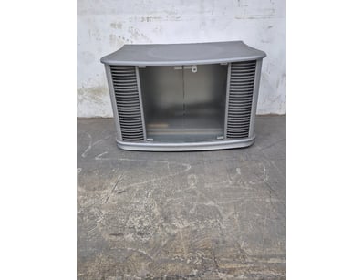 Tv cabnet with shelfs on wheels, grwy finish.

Dim...