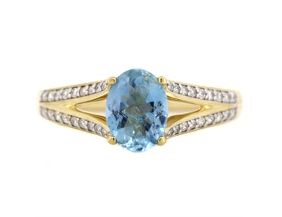 14K YELLOW GOLD, AQUAMARINE AND DIAMOND, SPLIT SHA...