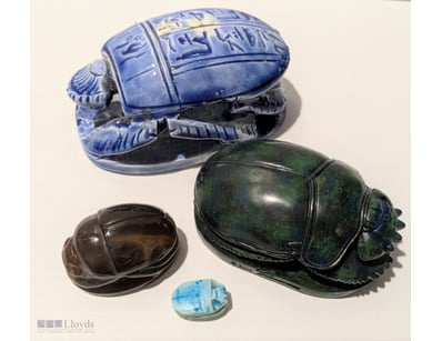 SCARAB ORNAMENTS INCL AGATE GEMSTONE & POTTERY

La...