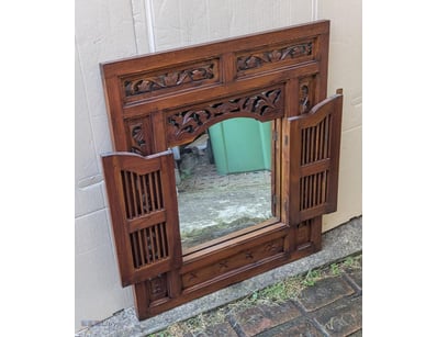 VINTAGE BALINESE HARDWOOD CARVED WINDOW MIRROW WAL...