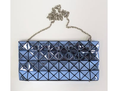 BLUE GEOMETRIC QUILTED CLUTCH WITH SILVER CHAIN ST...