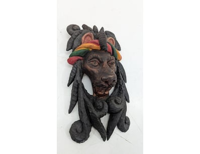 JAMAICAN CARVED WOODEN MASK WITH ANIMAL HEADDRESS...