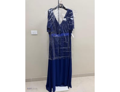 NAVY BLUE PLEATED EVENING GOWN WITH FLUTTER SLEEVE...
