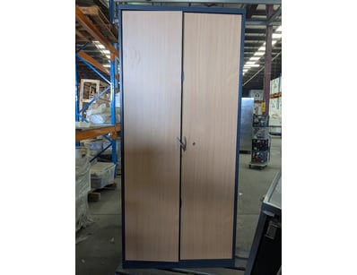 Two-door metal storage cabinet with light wood-gra...