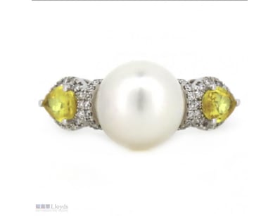 14K WHITE GOLD, WHITE CULTURED SOUTH SEA PEARL, YE...