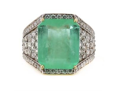 14K YELLOW GOLD, 8.57CT COLOMBIAN EMERALD AND DIAM...