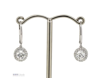 18K WHITE GOLD AND DIAMOND, HALO DROP EARRINGS.   ...