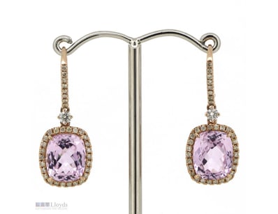 14K ROSE GOLD, KUNZITE AND DIAMOND, HALO DROP EARR...