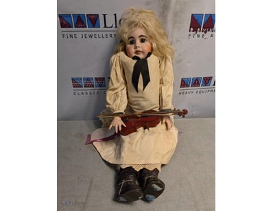 ANTIQUE GERMAN BISQUE DOLL WITH VIOLIN AND ORIGINA...