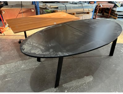 Desks, timber, one on wheels, approx 2.4m L and 1....