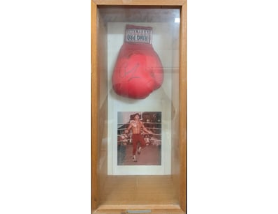 SIGNED BOXING GLOVE AND MEMORABILIA DISPLAY WITH C...