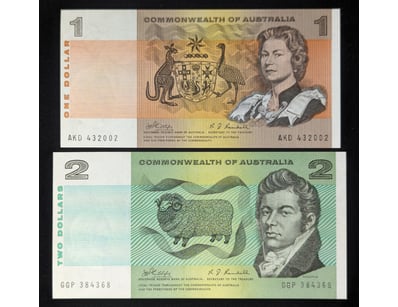 AUSTRALIAN ONE AND TWO DOLLAR BANKNOTES SIGNED BY ...