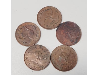 5X HALF PENNY COINS , 1960S , 1961S , 1963S AND 19...