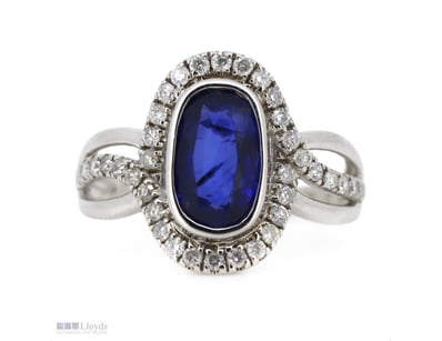 14K WHITE GOLD, BLUE SAPPHIRE AND DIAMOND, HALO RI...