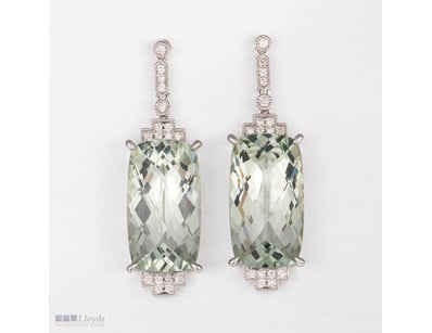 9CT WHITE GOLD GREEN AMETHYST AND DIAMOND DROP EAR...
