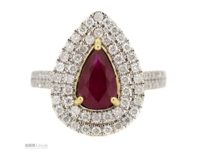 14K YELLOW GOLD, RUBY AND DIAMOND, DOUBLE HALO RIN...