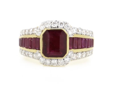 14K YELLOW GOLD, RUBY AND DIAMOND, COCKTAIL RING. ...
