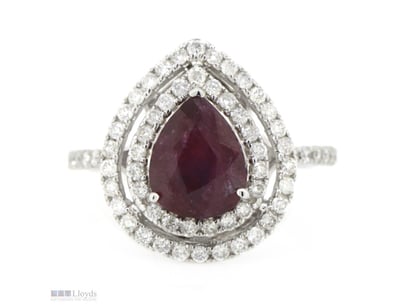 14K WHITE GOLD, RUBY AND DIAMOND, DOUBLE HALO RING...