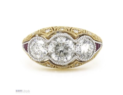 14K WHITE/YELLOW GOLD DIAMOND AND RUBY TRILOGY RIN...