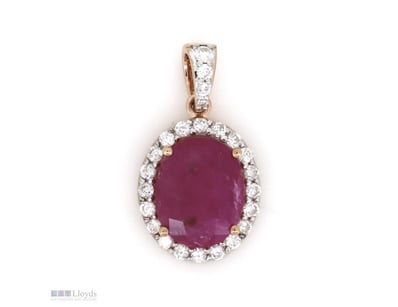 14K ROSE GOLD, RUBY AND DIAMOND, HALO PENDANT.    ...
