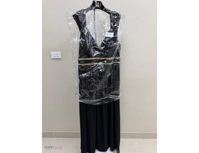 BLACK SLEEVELESS EVENING DRESS WITH GOLD BEADED TR...
