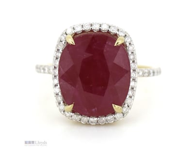 14K YELLOW GOLD, RUBY AND DIAMOND, HALO RING.     ...