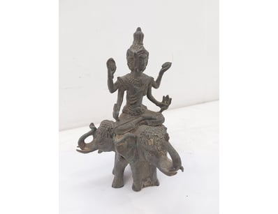 BRONZE 3 HEADED FIGURE ON 3 HEADED ELEPHANT FIGURI...
