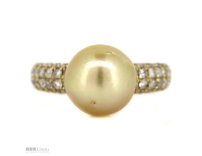 14K YELLOW GOLD, SOUTH SEA CULTURED PEARL AND DIAM...