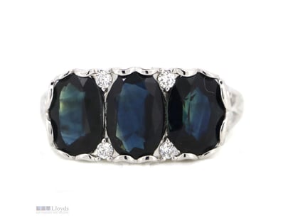 14K WHITE GOLD, SAPPHIRE AND DIAMOND, TRILOGY RING...