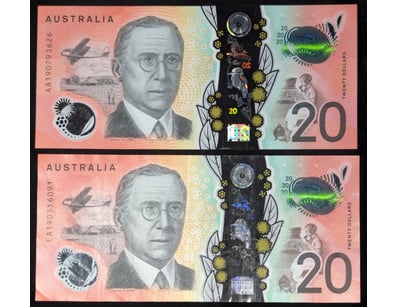 2019 AUSTRALIAN TWENTY DOLLAR FIRST AND LAST PREFI...