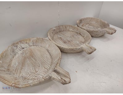 Set of three whitewashed wooden serving dishes wit...