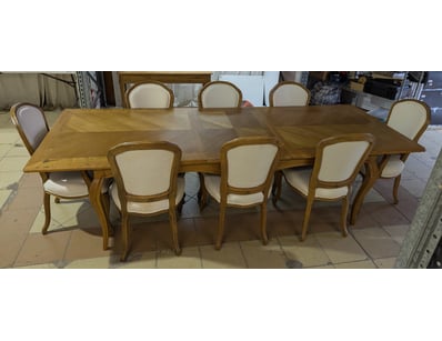 Timber extendable dining table with eight chairs f...