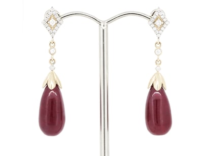 14K YELLOW GOLD, RUBY AND DIAMOND DROP EARRINGS.  ...