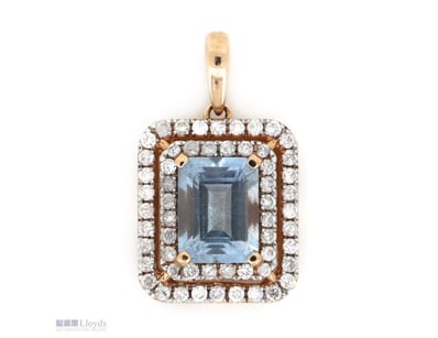 14K ROSE GOLD, AQUAMARINE AND DIAMOND, DOUBLE HALO...