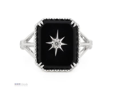 14K WHITE GOLD, BLACK ONYX AND DIAMOND, ART DECO S...