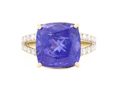 14K YELLOW GOLD, 8.89CT TANZANITE AND DIAMOND, STA...