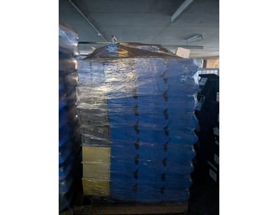Pallet of blue plastic storage crates/bins, heavil...