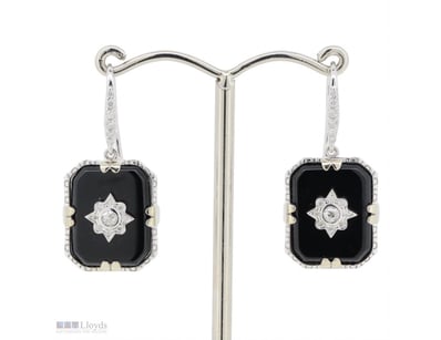 14K WHITE GOLD, ONYX AND DIAMOND, DROP EARRINGS.  ...