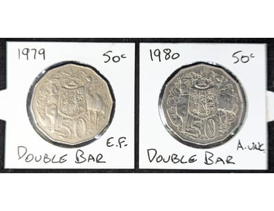 1979 & 1980 AUSTRALIAN 'DOUBLE BAR' FIFTY CENT COI...
