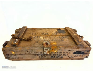 VINTAGE MILITARY AMMUNITION CRATE WITH 3 EMPTY EXP...