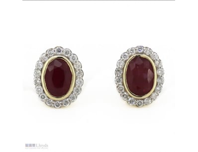 14K YELLOW GOLD, RUBY AND DIAMOND, HALO STUD EARRI...