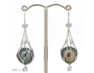 14K WHITE GOLD, BLACK CULTURED TAHITIAN PEARL, AQU...