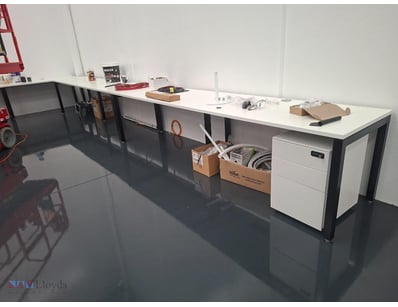 White office desks with cord cutouts. 
308cm L x ...