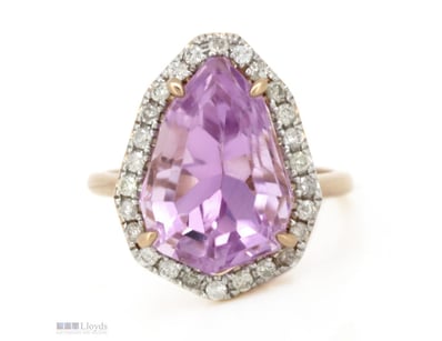 14K ROSE GOLD, 22CT KUNZITE AND DIAMOND, HALO RING...