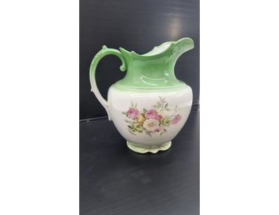 VICTORIAN CERAMIC PITCHER WITH GREEN GLAZE AND FLO...